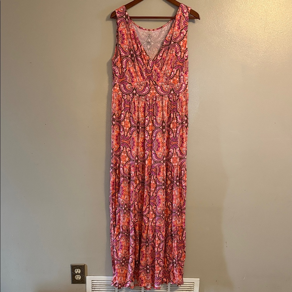 St. John's Bay Pink and Orange Paisley V-Neck Maxi Dress